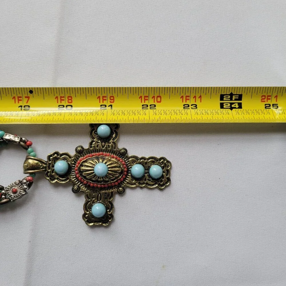 Southwestern-Style Turquoise &Coral color Beaded Cross Necklace